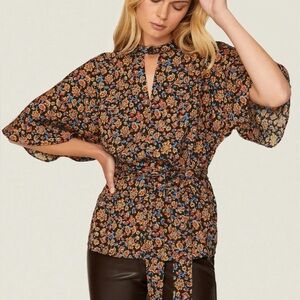Jason Wu x RTR Orange Blue Floral Belted Flowy Button Vneck Blouse Top | Medium